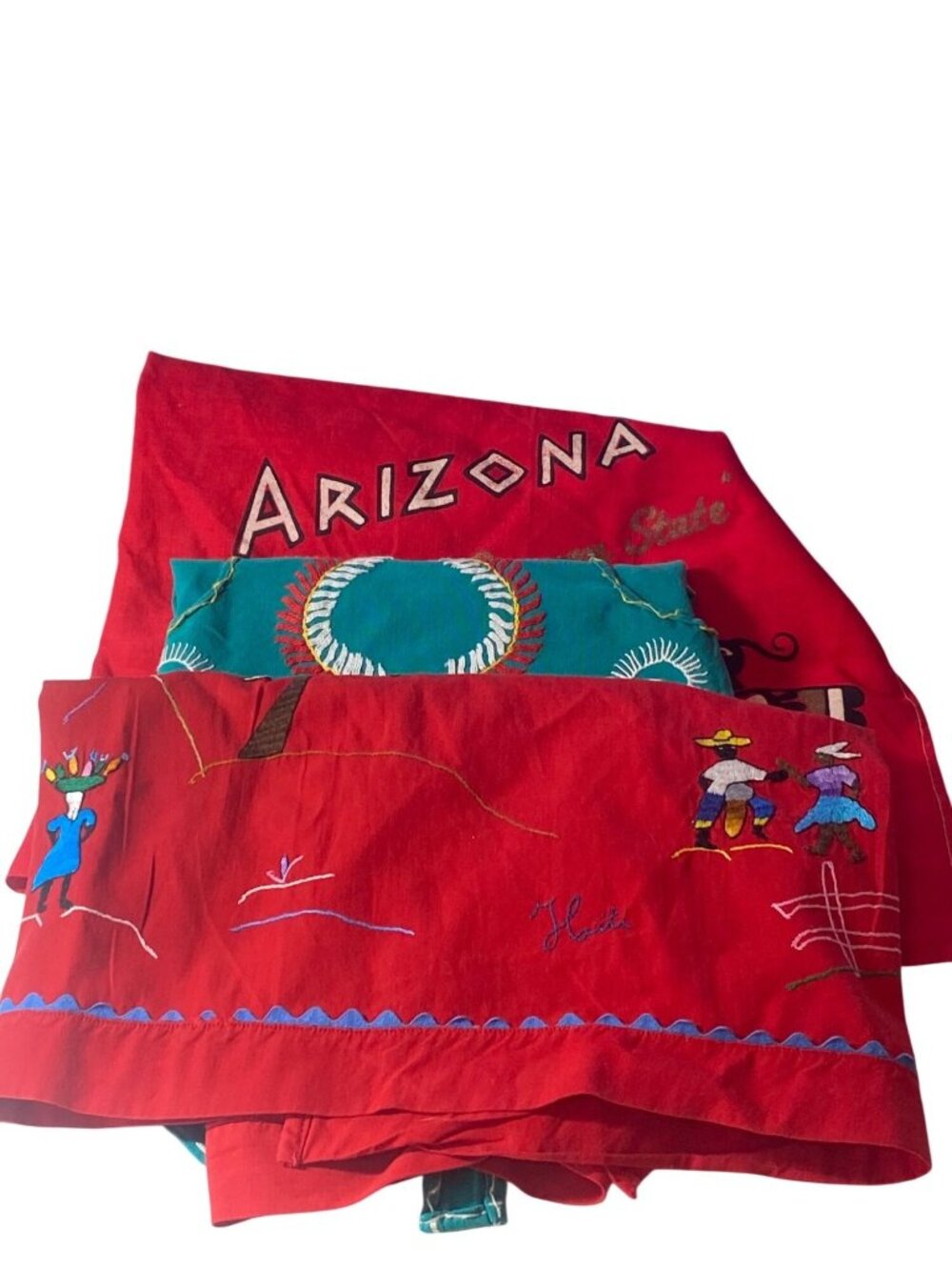 Apron Half Embroidered Printed Red Green Child Remnant Art Craft Lot of 3 VTG
